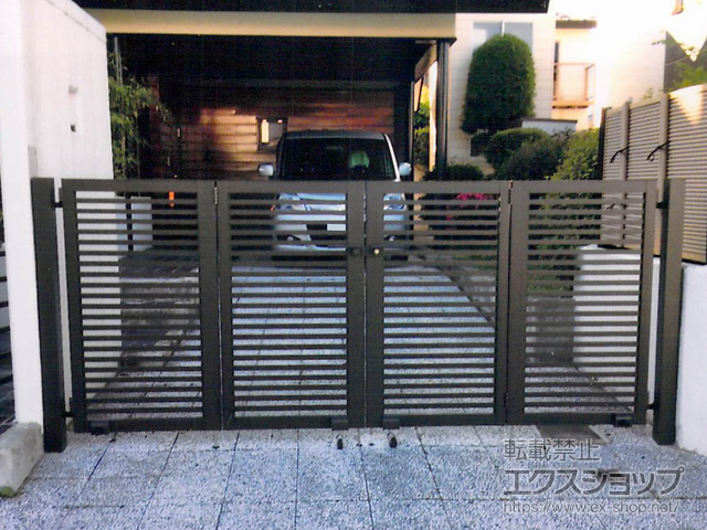 岩手県盛岡市のの門扉 【特注】プレスタ門扉 3型 太横桟 4枚折戸 柱使用 施工例