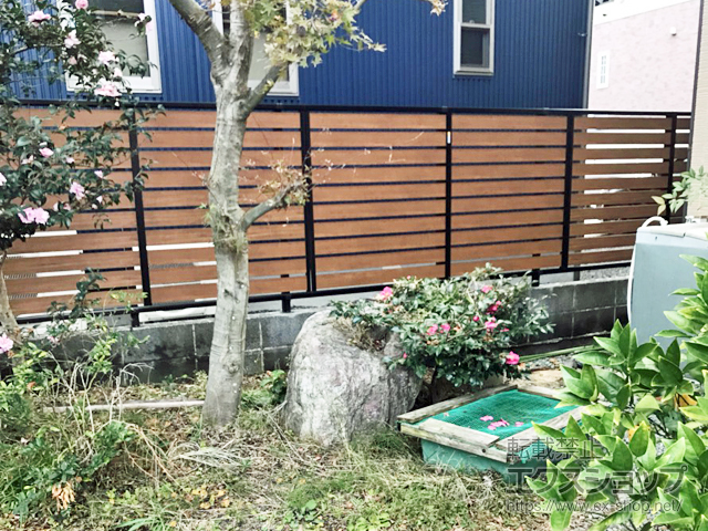 静岡県静岡市ののフェンス・柵 ルシアスフェンスF04型 横板 木目カラー 自由柱施工 施工例