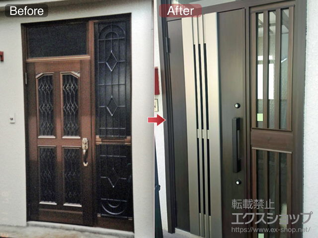 埼玉県新座市のLIXIL リクシル（トステム）の玄関ドア リシェント玄関ドア3 断熱K4仕様 手動 片袖飾り仕様(ランマ付)L M84型 施工例