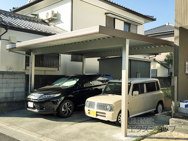 宮崎県延岡市ののカーポート レオンポートneo 2台用 角柱4本仕様 木調マテリアルカラー 積雪〜50cm対応 施工例
