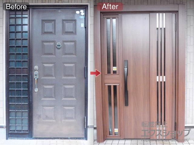 鹿児島県霧島市のLIXIL リクシル（トステム）の玄関ドア リシェント玄関ドア3 断熱K4仕様 片袖飾り仕様(ランマ無)R M83型 *タッチキー(キー付リモコン)仕様 施工例