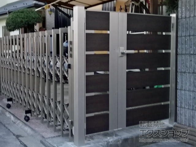 神奈川県横浜市のの門扉 ルシアス門扉BW01型 横スリット 両開き親子 複合カラー 門柱使用 施工例