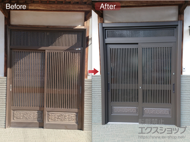 茨城県古河市のLIXIL リクシル（トステム）の玄関ドア リシェント玄関引戸 SG仕様 2枚建戸 ランマ付 60型(千本格子腰付) 施工例