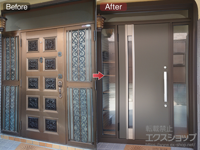 大阪府阪南市のLIXIL リクシル（トステム）の玄関ドア リシェント玄関ドア3 断熱K4仕様 手動 両袖仕様(ランマ付)L M78型 施工例