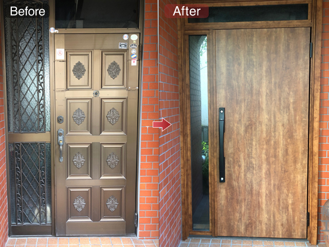 鹿児島県鹿児島市のLIXIL リクシル（トステム）の玄関ドア リシェント玄関ドア3 断熱K4仕様 手動 片袖仕様(ランマ付)R M17型 施工例