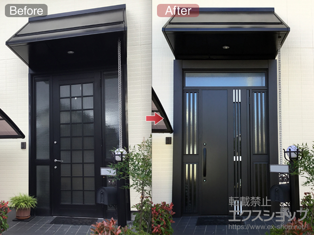 岡山県岡山市のLIXIL リクシル（トステム）の玄関ドア リシェント玄関ドア3 断熱K4仕様 手動 両袖飾り仕様(ランマ付)R M83型 施工例