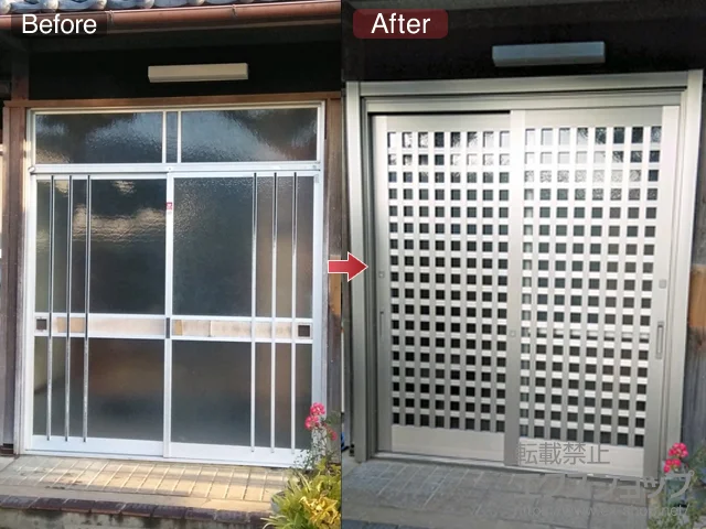 和歌山県有田郡有田川町のLIXIL リクシル(トステム)の玄関ドア リシェント玄関引戸 SG仕様 2枚建戸 ランマ無 54型(井桁格子) 施工例