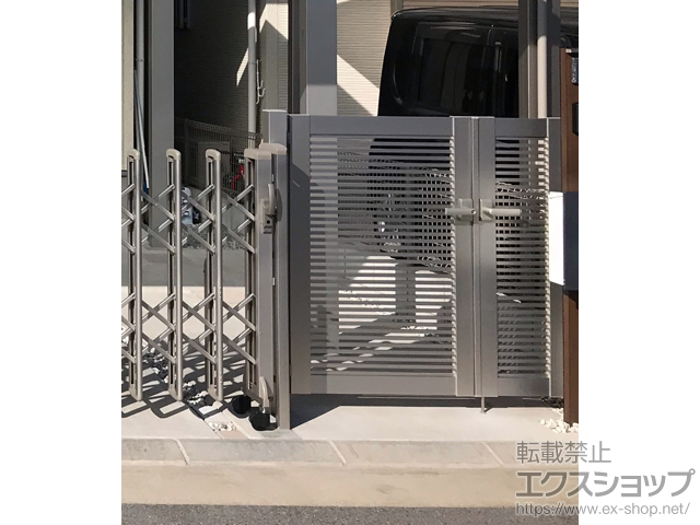 兵庫県尼崎市のの門扉 シンプレオ門扉1型 横格子 両開き親子 門柱使用 施工例