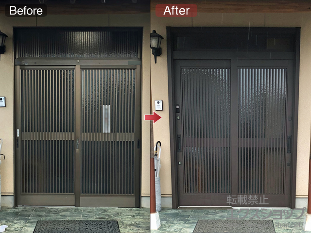 愛知県春日井市のLIXIL リクシル（トステム）の玄関ドア リシェント玄関引戸 SG仕様 2枚建戸 ランマ付 51型（千本格子）*簡易タッチキーシステム仕様 施工例