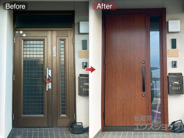 長野県東御市のLIXIL リクシル（トステム）の玄関ドア リシェント玄関ドア3 断熱K4仕様 手動 片袖仕様(ランマ無)L M17型 施工例