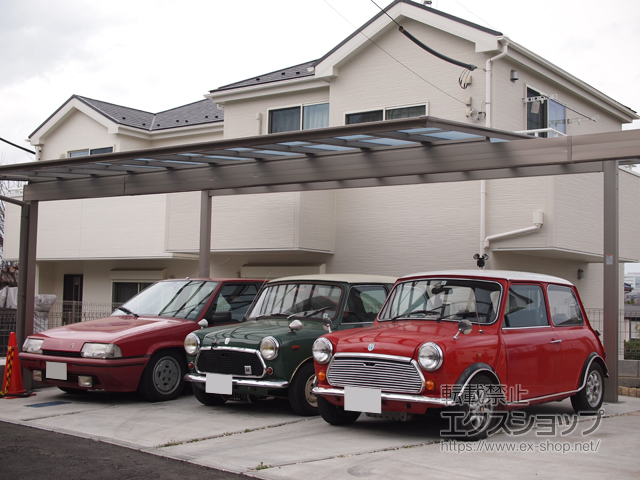 東京都日野市ののカーポート フーゴF (フラットスタイル) ワイド 積雪〜20cm対応　水下梁延長タイプ80延長（標準柱） 施工例