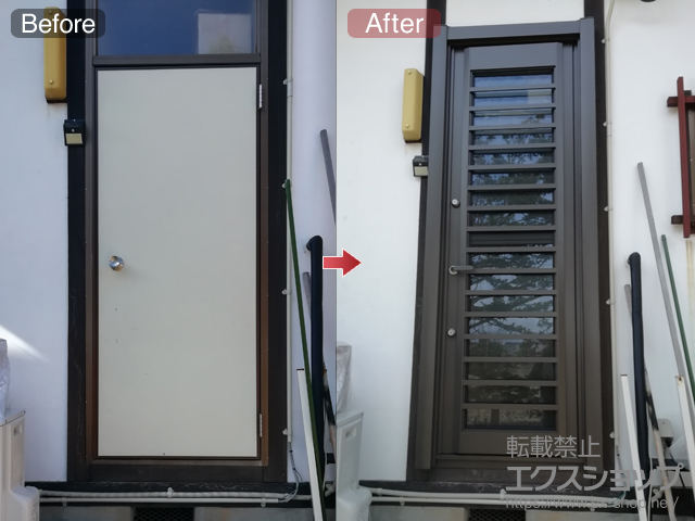 長野県安曇野市のLIXIL リクシル（トステム）の玄関ドア リシェント勝手口ドア 断熱仕様（Low-E）ランマ無(R) J型 施工例