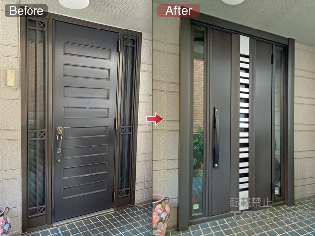 埼玉県さいたま市のLIXIL リクシル（トステム）の玄関ドア リシェント玄関ドア3 断熱K4仕様 両袖仕様(ランマ無)R G82型 ※手動仕様 施工例