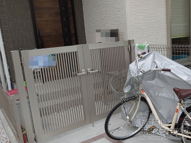 大阪府寝屋川市のの門扉 シンプレオ門扉2型 縦格子 両開き 門柱使用 施工例