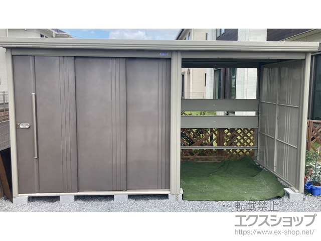 栃木県足利市のの物置・屋外倉庫 Mr.ストックマン プラスアルファ 一般型 4047×1590×2110（扉側幅2200） TP-40R15-B+側面別売棚セット 施工例