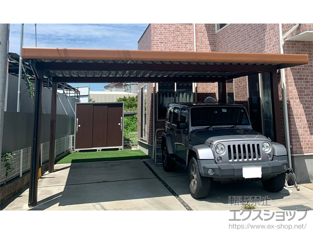 愛知県高浜市ののカーポート レオンポートneo Smart 2台用 角柱4本柱 積雪〜30cm対応 木調マテリアルカラー 施工例