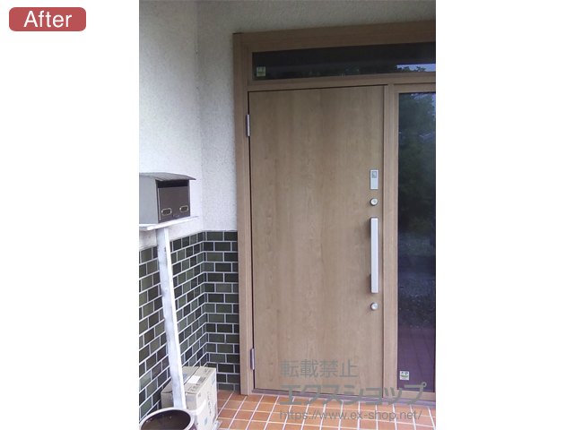 千葉県いすみ市のLIXIL リクシル（トステム）の玄関ドア リシェント玄関ドア3 断熱K2仕様 片袖仕様(ランマ付)外観左吊元 M17型 ※カザスプラス仕様 施工例