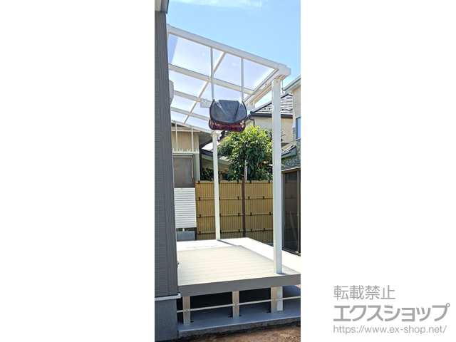 千葉県野田市ののテラス屋根 ソラリア F型 テラスタイプ 単体 積雪〜20cm対応+吊り下げ式固定物干し+デッキ納まり用テラス柱カバー 施工例
