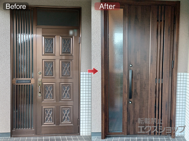 広島県三次市のLIXIL リクシル（トステム）の玄関ドア リシェント玄関ドア3 断熱K4仕様 片袖仕様(ランマ無)外観右吊元 M83型 ※手動仕様 施工例