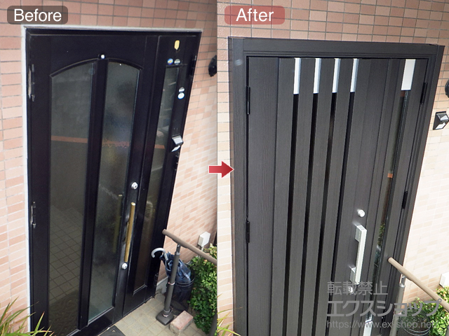 千葉県千葉市のLIXIL リクシル（トステム）の玄関ドア リシェント玄関ドア3 断熱K4仕様 親子仕様(ランマ無)外観左吊元 M27型 ※手動仕様 施工例