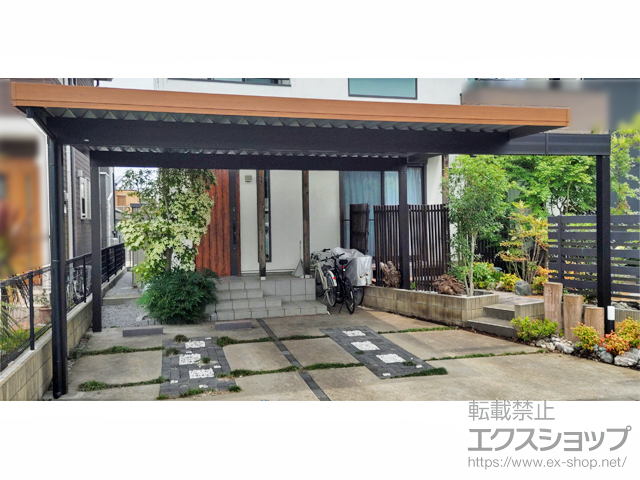 千葉県野田市ののカーポート ジーポートPro 積雪50cm対応 2台用 4本柱 木調マテリアルカラー*梁延長（梁長さ7800ｍｍ） 施工例