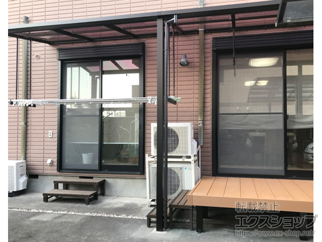 京都府京都市ののテラス屋根 ソラリア F型 テラスタイプ 三連棟 積雪〜20cm対応+吊り下げ式固定物干し+吊り下げ式上下可動物干し 施工例