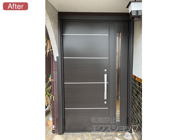 岐阜県各務原市のLIXIL リクシル（トステム）の玄関ドア リシェント玄関ドア3 M16型 断熱K4仕様 親子仕様(ランマ無)外観左吊元 ※手動仕様 施工例