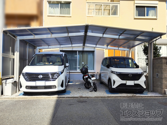 福岡県福岡市ののカーポート プレシオスポート フラット型 M合掌セット 2台用 積雪〜20cm対応＋サイドパネル 施工例